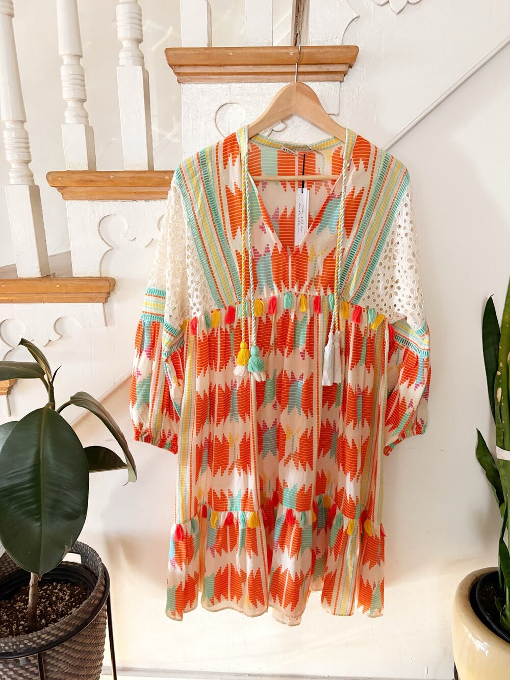 NWT Alice + Olivia Rosanne Embroidered Tunic Dress with Tassels in Ikat Print XS